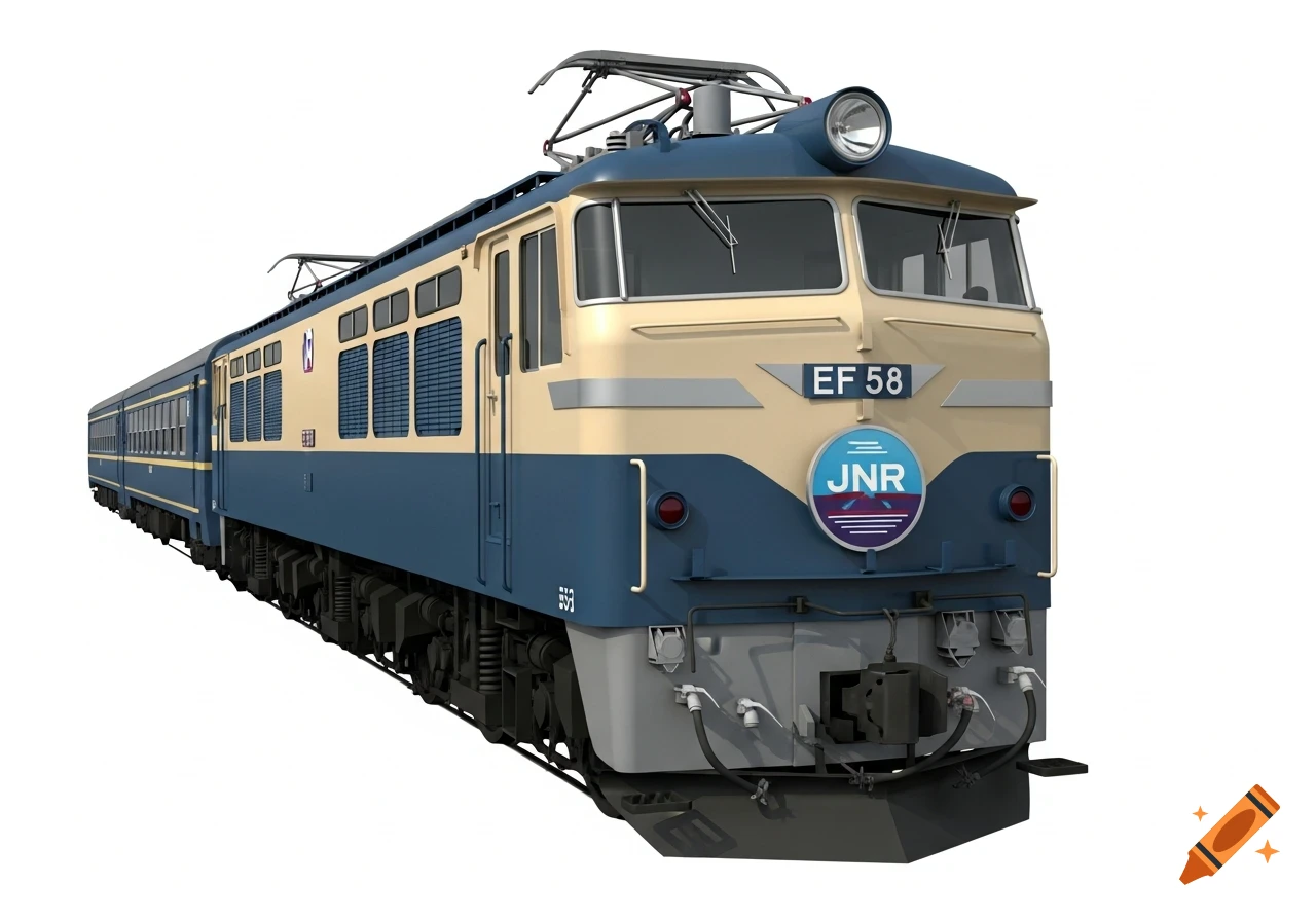 A 3D render of a vintage blue and cream electric locomotive with 'EF 58' and a JNR logo on the front.