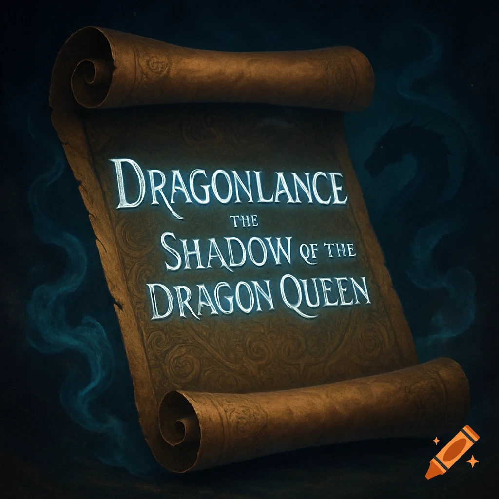 A weathered scroll with glowing text 'Dragonlance: The Shadow of the Dragon Queen' and a subtle dragon silhouette with blue smoke.