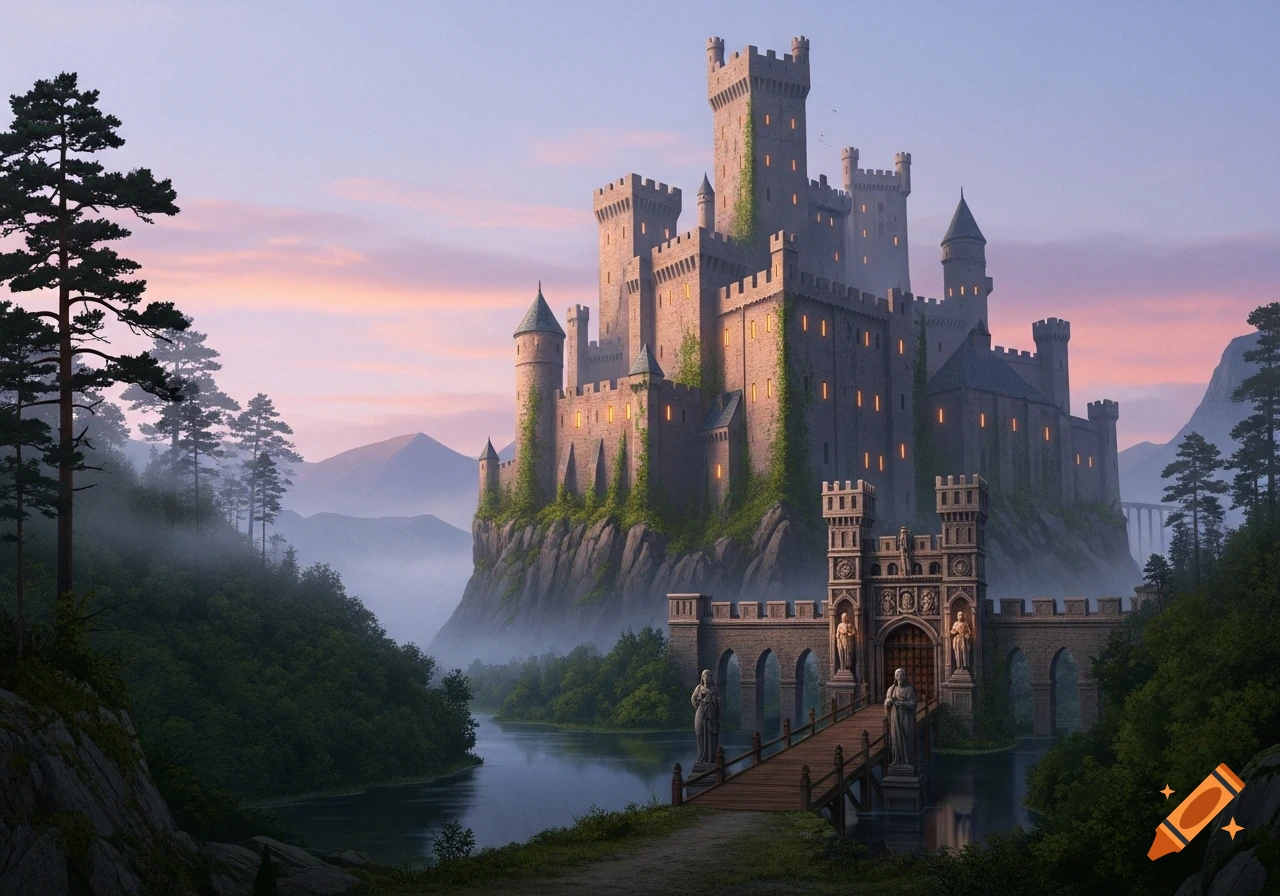 A majestic medieval castle with many towers stands on a cliff overlooking a river, surrounded by misty forests at sunset.