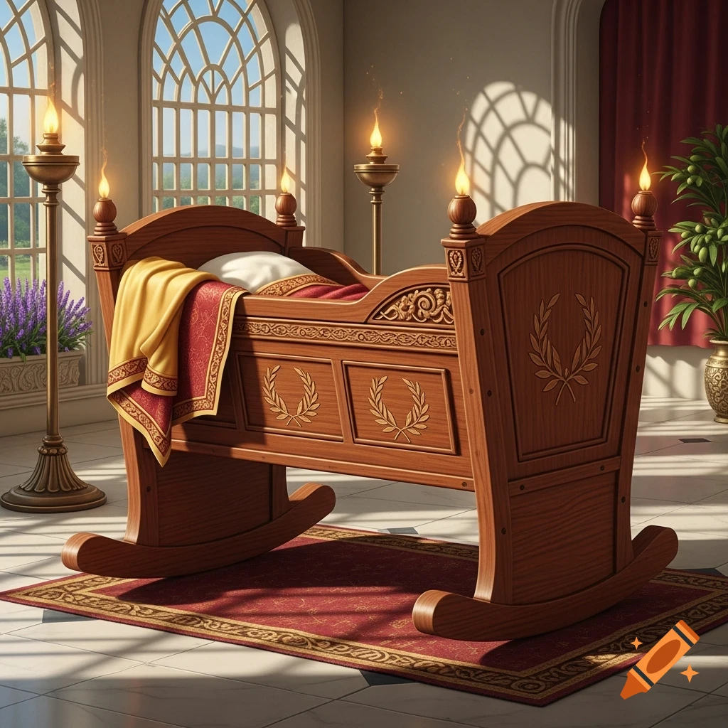 A lavish Roman-style wooden cradle with red and gold bedding in a sunlit room with arched windows and lit torchieres.