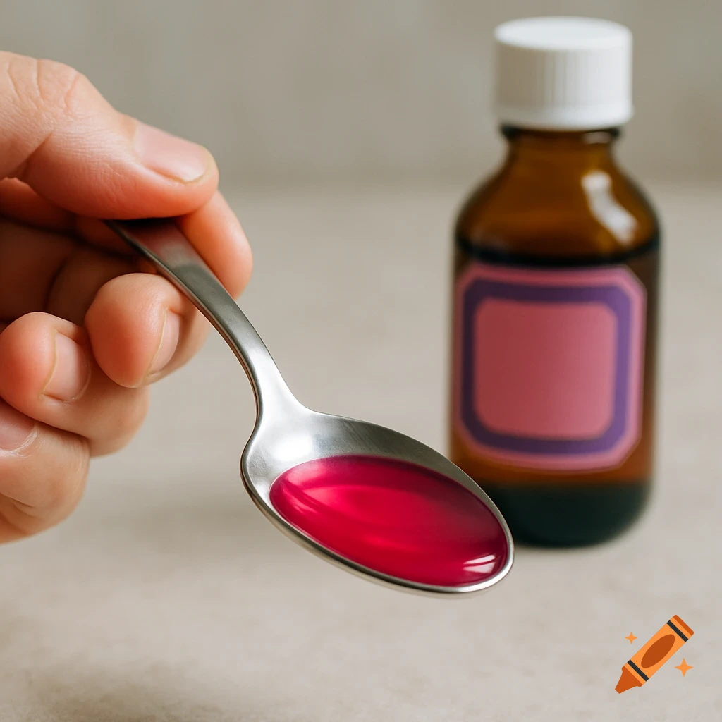 A hand holds a spoonful of pink cough syrup, with a brown medicine bottle and pink label blurred in the background.