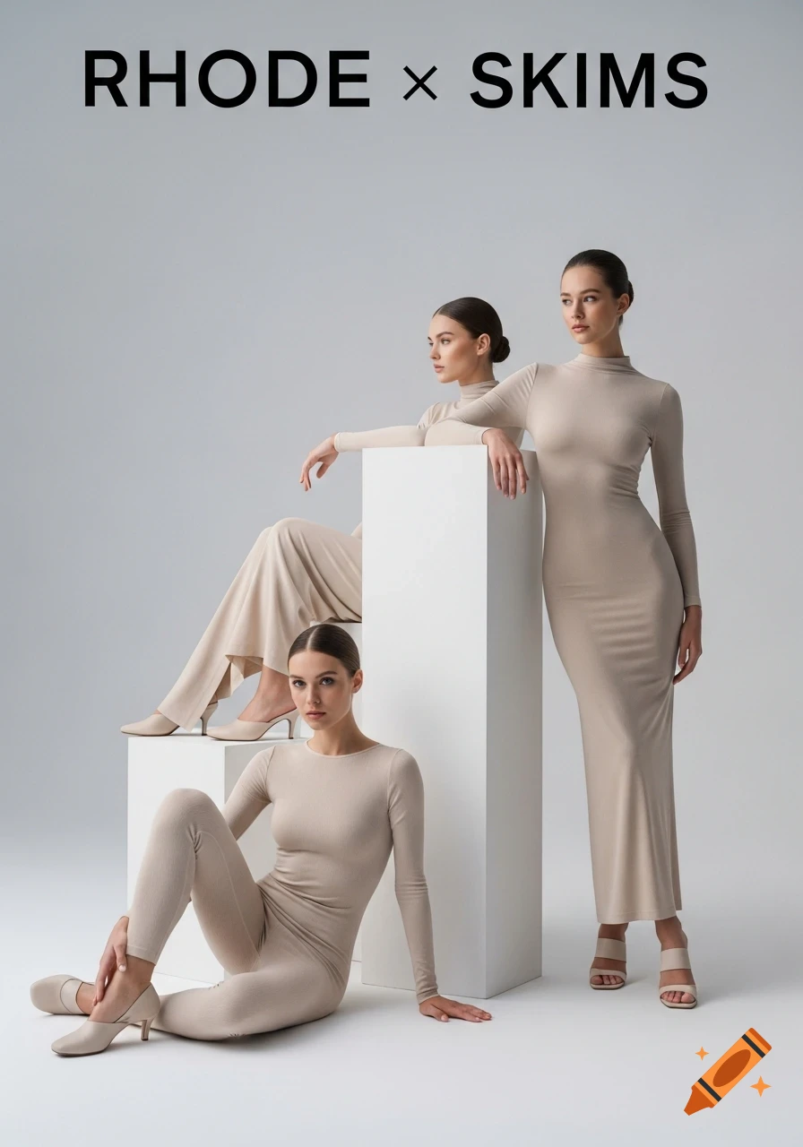 Three female models in neutral, form-fitting RHODE x SKIMS apparel pose with white blocks in a minimalist studio.