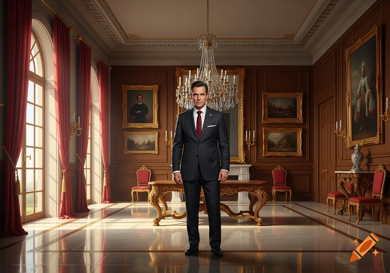 Photorealistic portrait of a man in a dark suit and red tie standing in a grand, opulent room with red curtains and paintings.