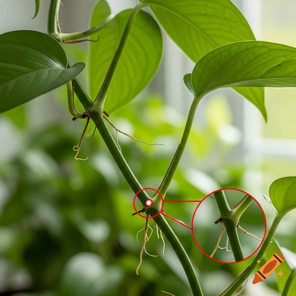A close-up, photorealistic image of a green Pothos plant stem with leaves, aerial roots, and a red circle highlighting a node.