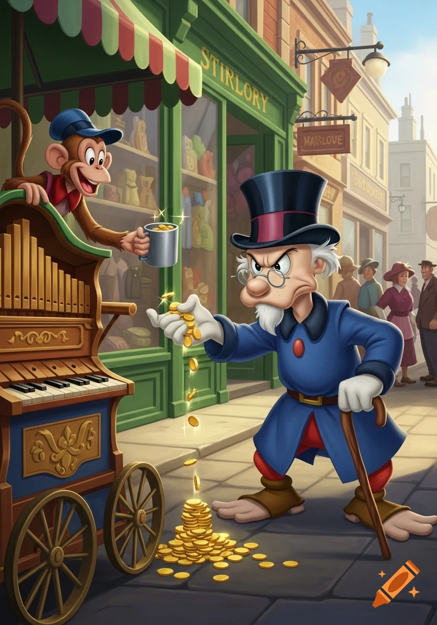 A cartoon scene of an angry old man in a top hat dropping gold coins while a monkey on an organ grinder holds out a cup.