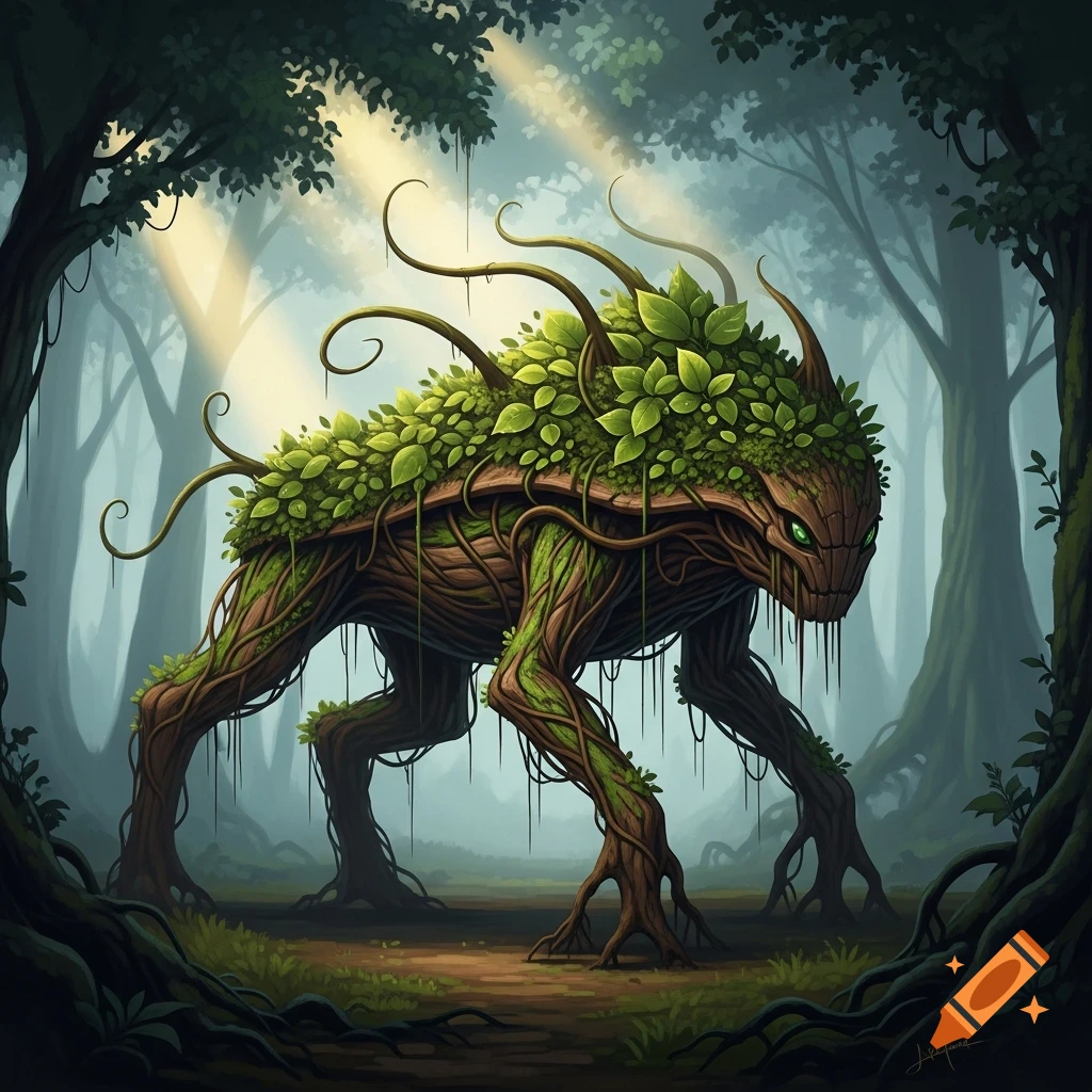 A fantasy creature made of roots and green leaves with glowing eyes ...