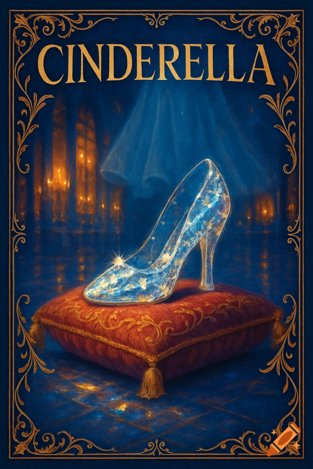 A magical book cover with 'CINDERELLA' in gold text above a sparkling glass slipper on a red cushion in a blue ballroom.