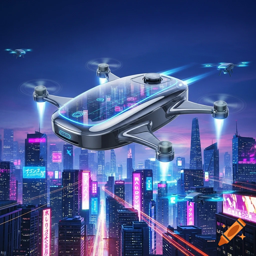 A large futuristic drone with glowing blue accents flies over a vibrant, neon-lit cityscape at night, with other smaller drones in the sky.