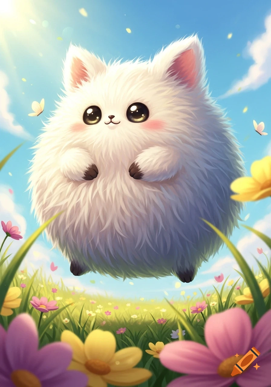 A cute, fluffy white creature with big eyes floats above a field of colorful flowers under a sunny blue sky.