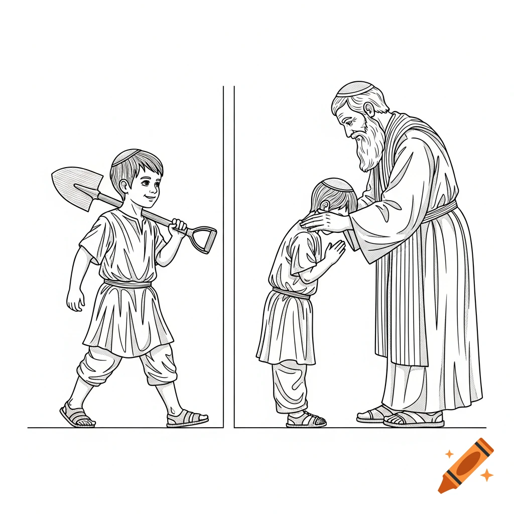 Black-and-white line drawing in two panels. A boy carries a shovel, then bows before a bearded man receiving a blessing.