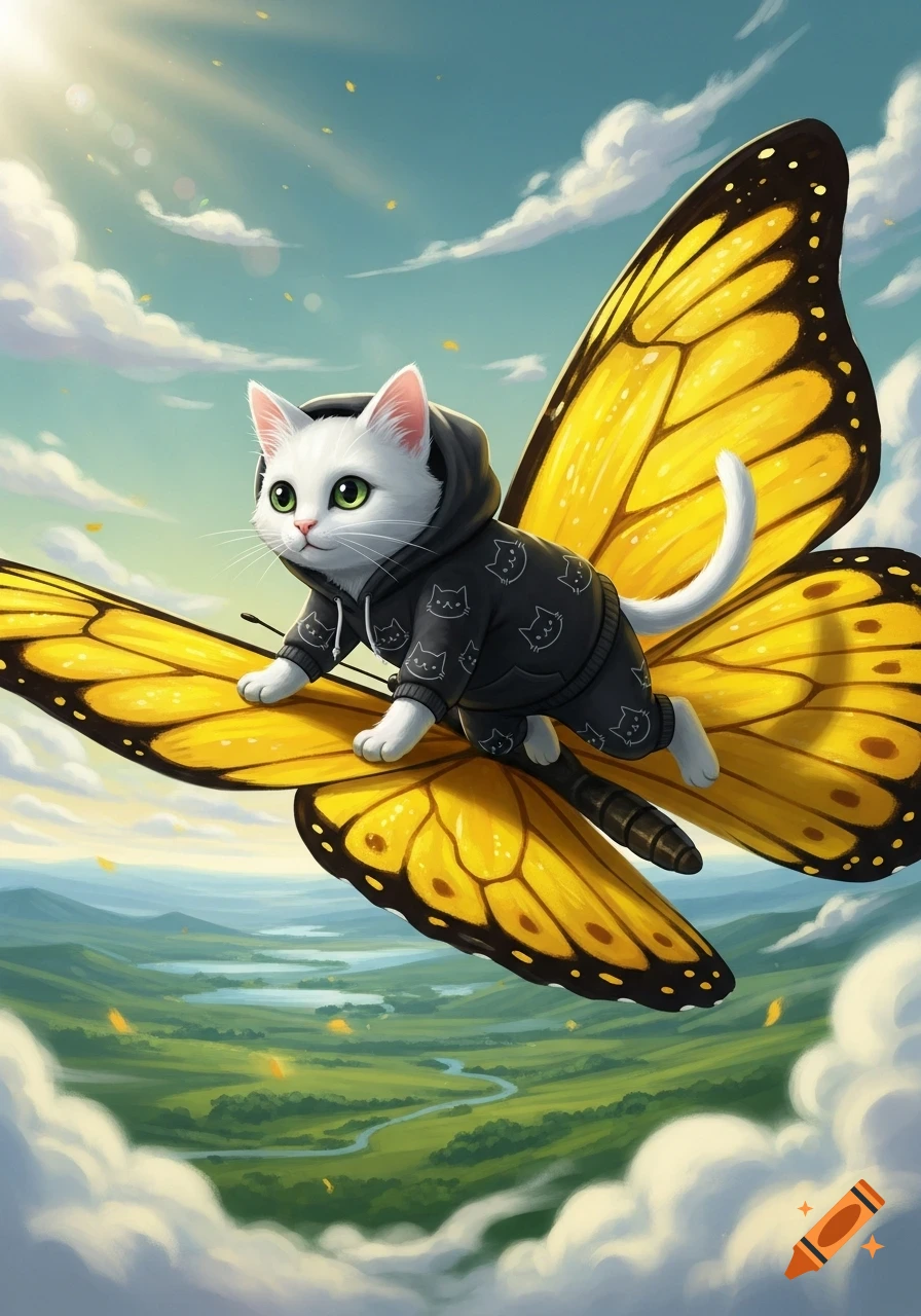 A white cat in a black hoodie with cat patterns flies on a giant yellow butterfly over a green landscape with clouds in an illustration.