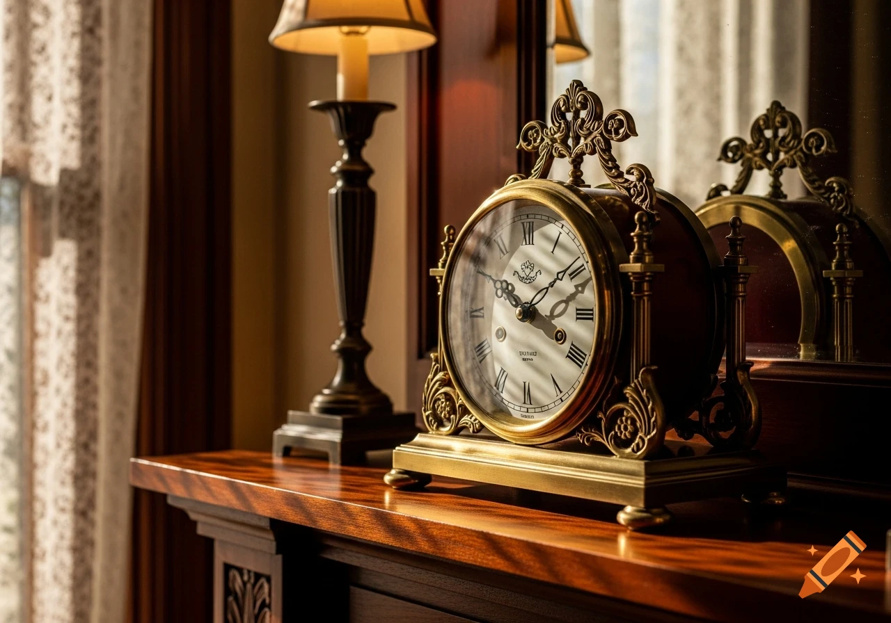 An ornate antique brass analog clock with Roman numerals, set to 11:15, sits on a polished wooden mantelpiece next to a lit lamp.