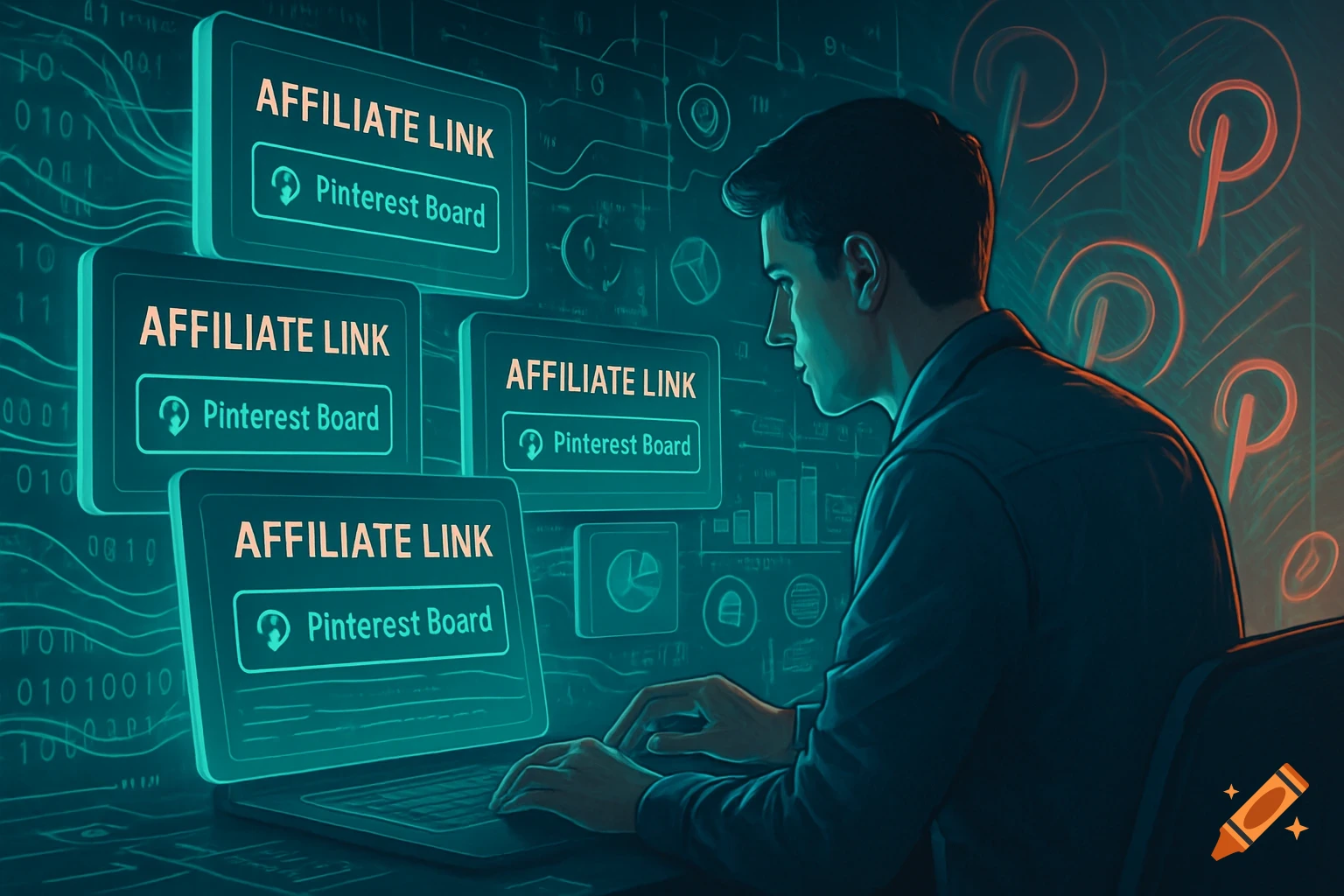 A man works on a laptop with glowing affiliate link and Pinterest board digital overlays against a binary code background.