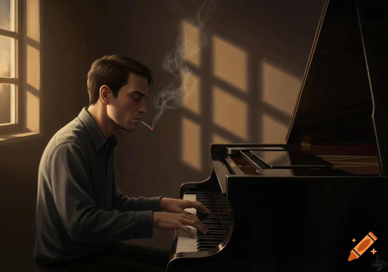 A man plays piano while smoking a cigarette, with sunlight streaming through a window.