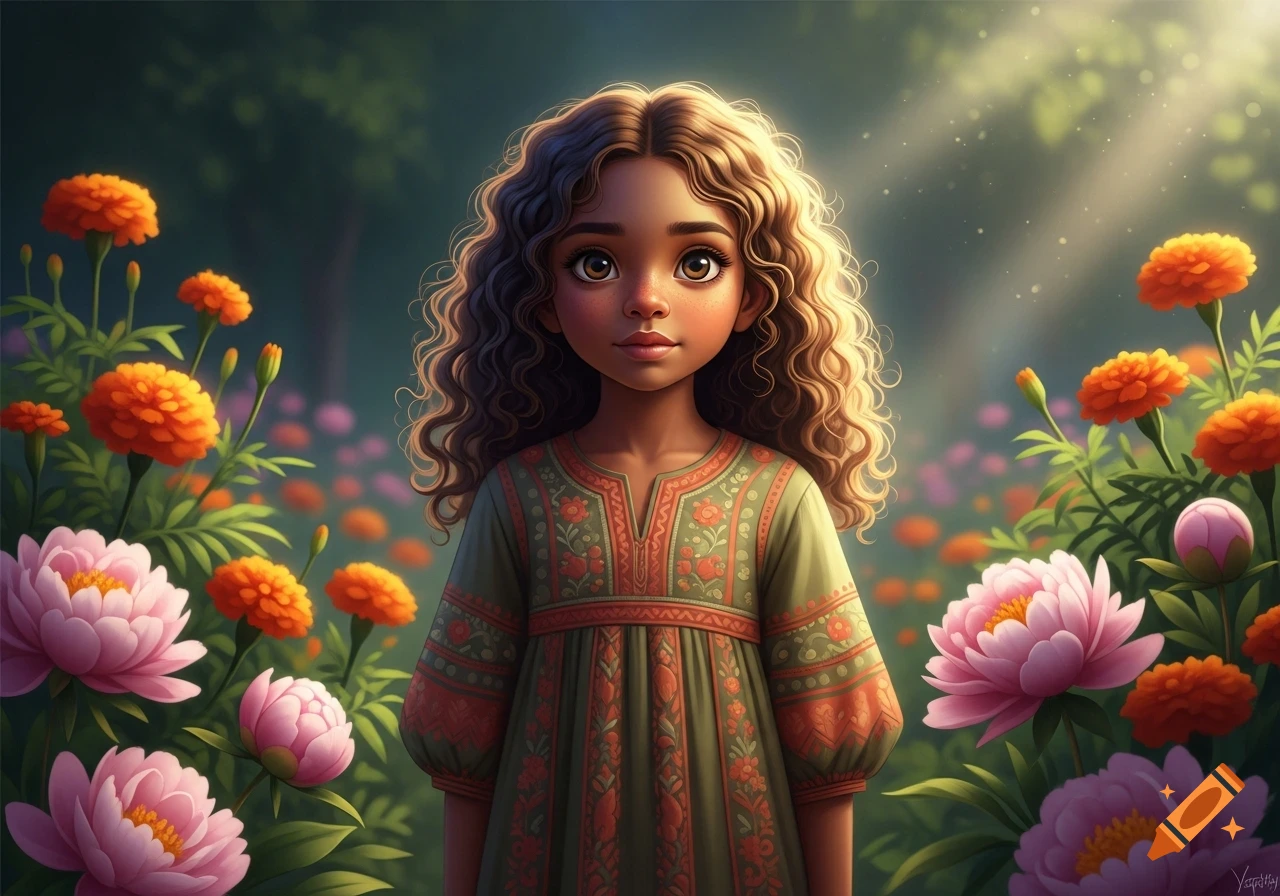 A digital painting of a girl with curly brown hair and brown skin ...