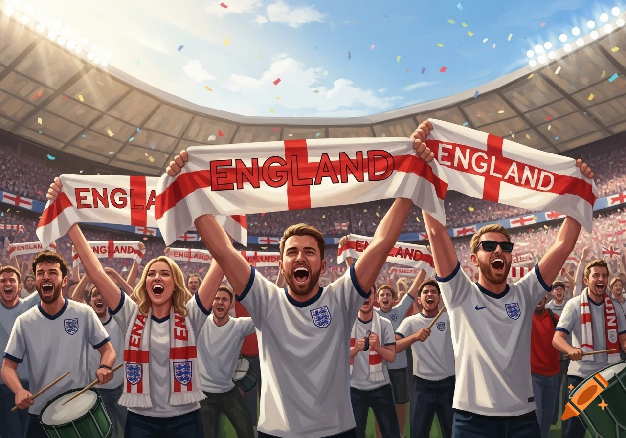 Enthusiastic England football fans cheer in a stadium, holding up white scarves and banners with 'ENGLAND' written on them.