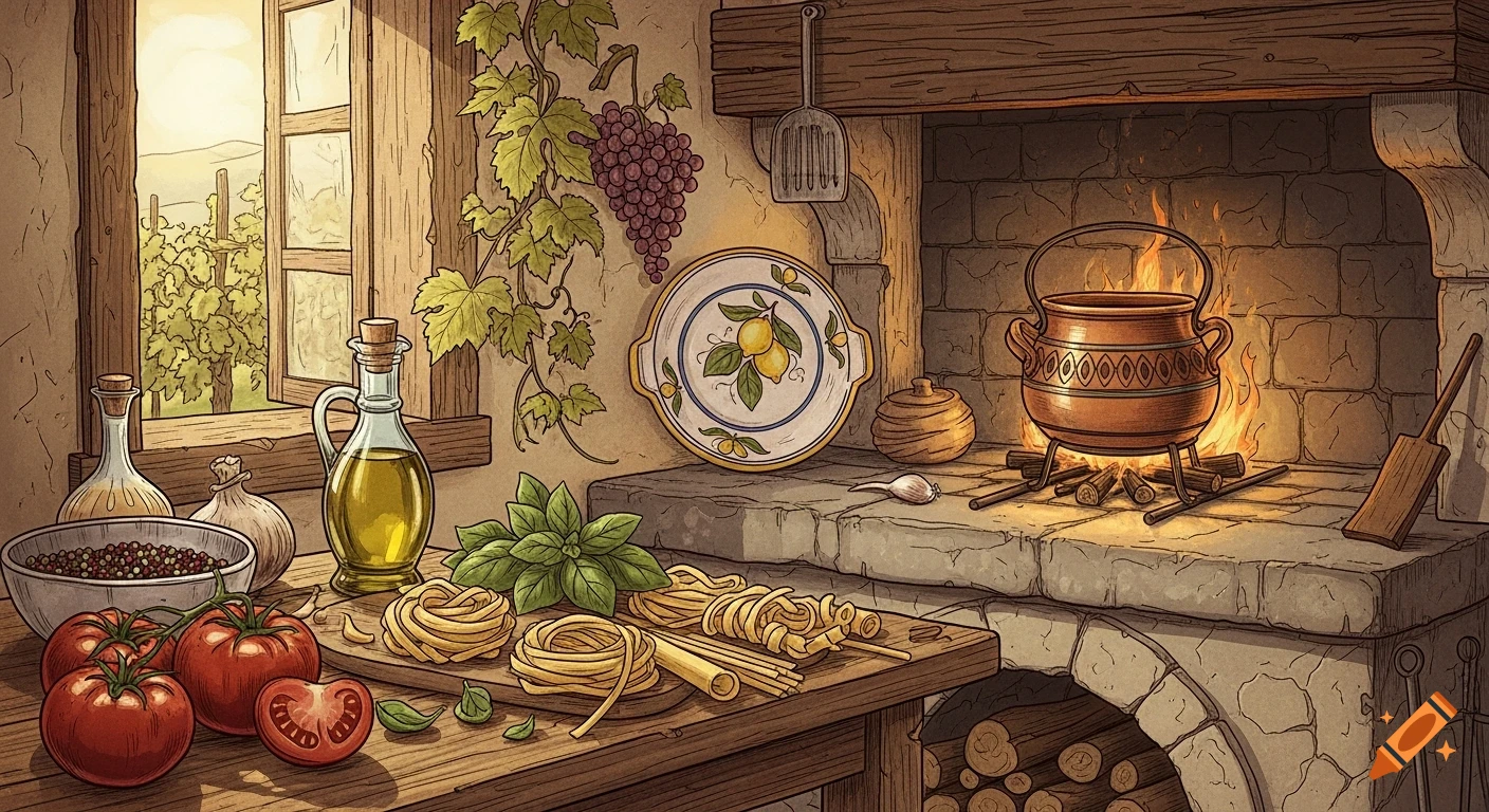 Rustic Italian kitchen illustration with fresh ingredients, pasta, olive oil, and tomatoes on a wooden table, next to a fireplace and vineyard window.