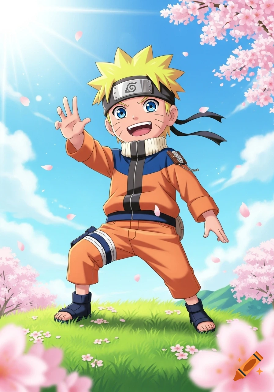 A cute, young Naruto with spiky blonde hair, wearing an orange jumpsuit and headband, waves in a field of cherry blossoms under a sunny blue sky.