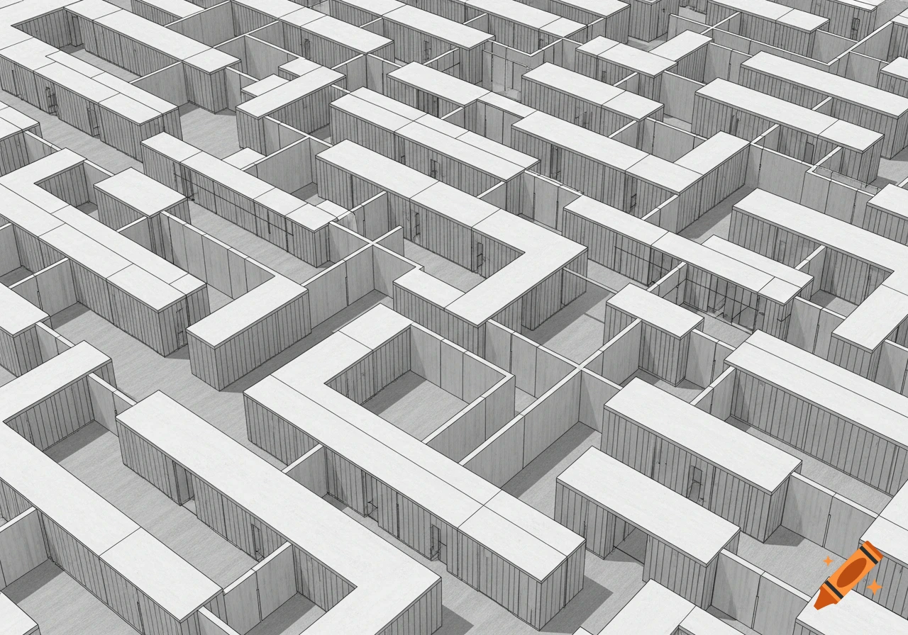 An overhead view of a complex, white, three-dimensional maze-like structure with dark shadow lines.