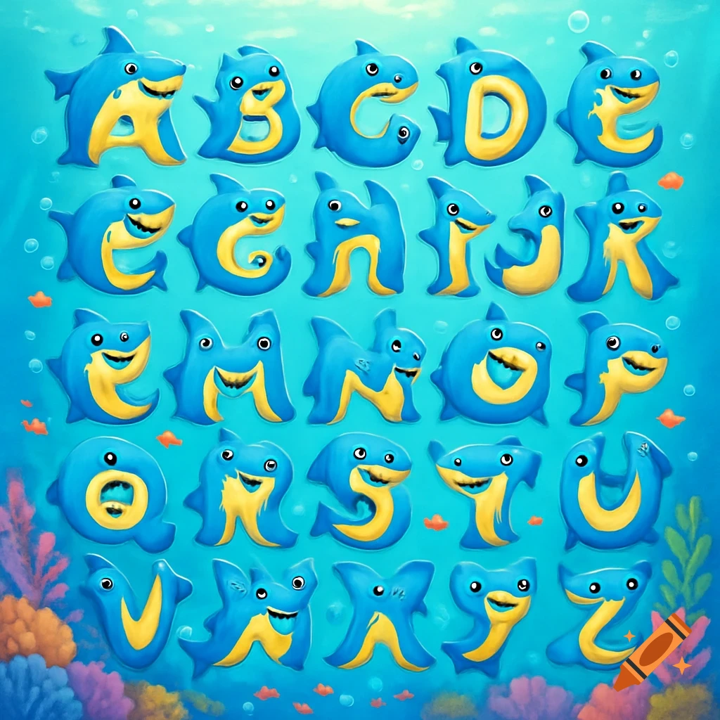 Cartoon blue and yellow shark characters forming the English alphabet underwater with coral and bubbles.