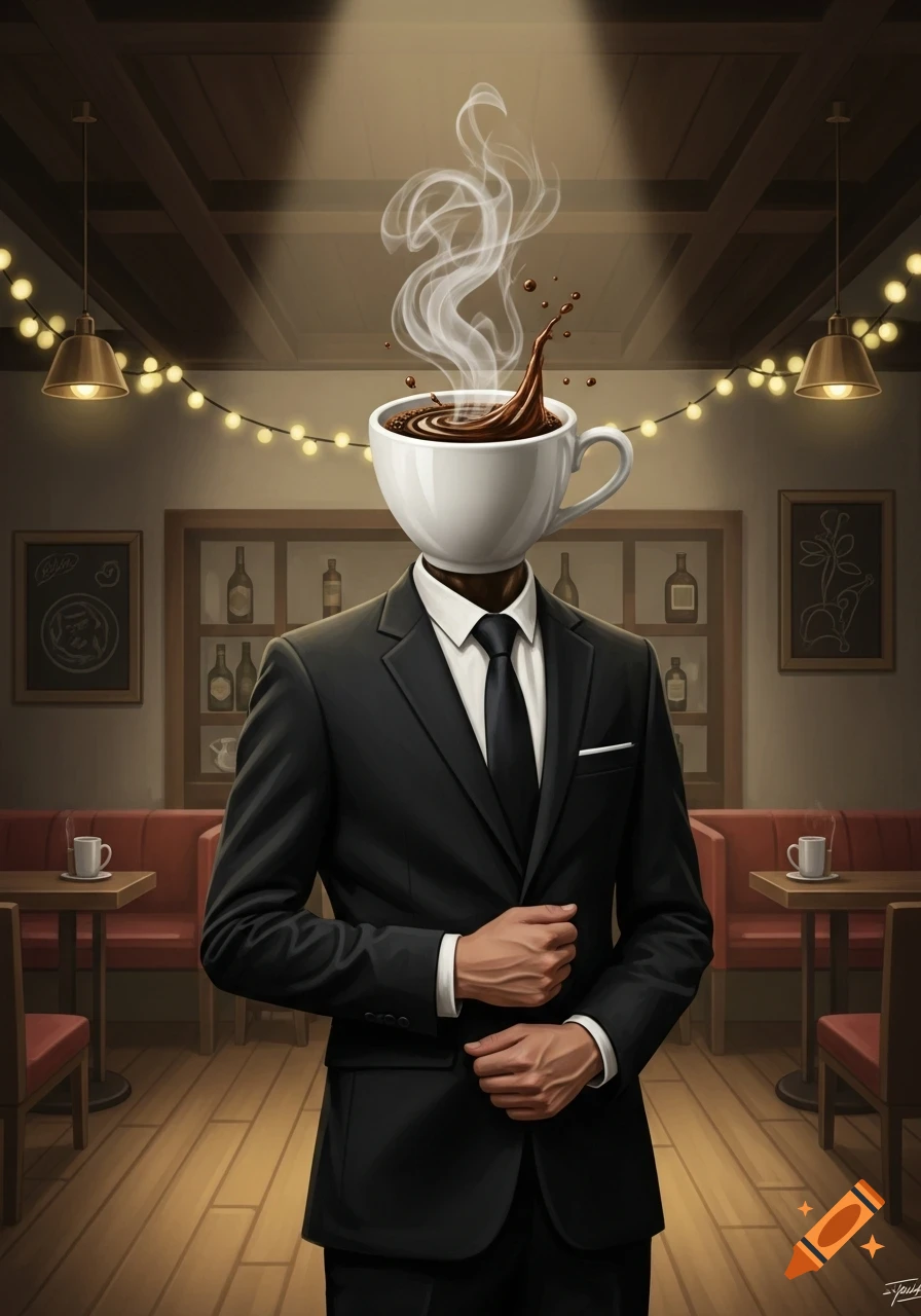 A man in a black suit with a steaming coffee cup for a head stands in a cozy cafe.