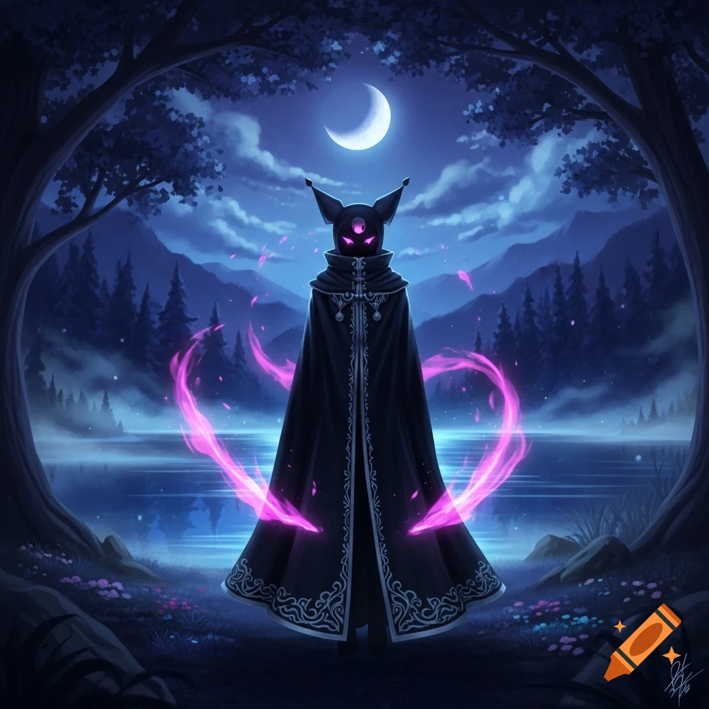 A mysterious cloaked figure with glowing purple eyes stands in a ...
