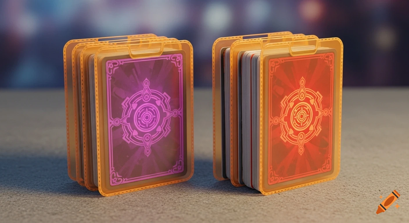 Two stacks of trading cards in orange sleeves, one with purple backs and one with red backs, on a grey surface with a blurred background.