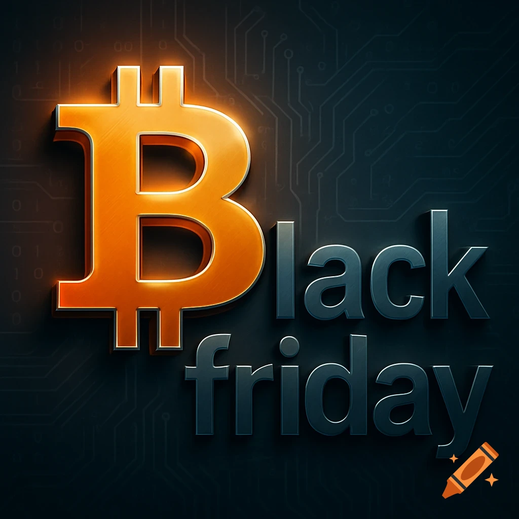 A glowing orange Bitcoin logo replaces the 'B' in 'Black' next to 'friday' text, on a dark background with circuit board lines.