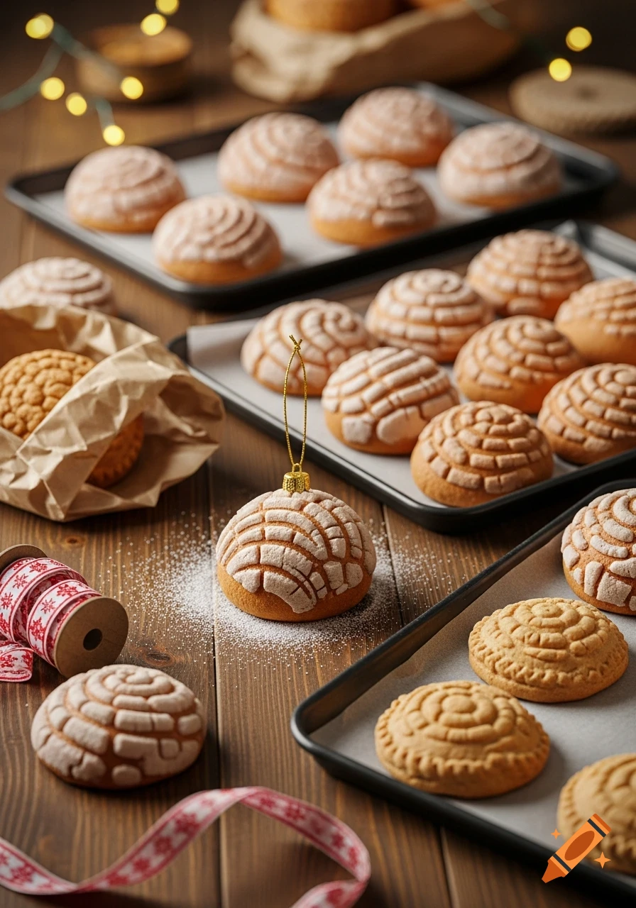 Trays of conchas, marranitos, and other Mexican pastries on a rustic wooden table with a marranito Christmas ornament, powdered sugar, and festive ribbon.