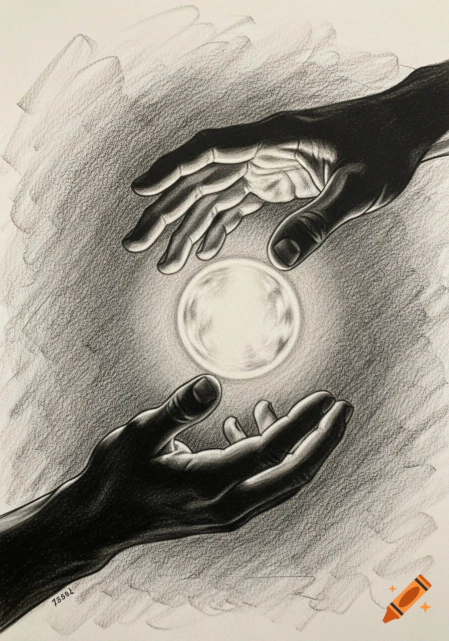 Charcoal drawing of two hands reaching for a glowing orb, rendered in a detailed sketch style.