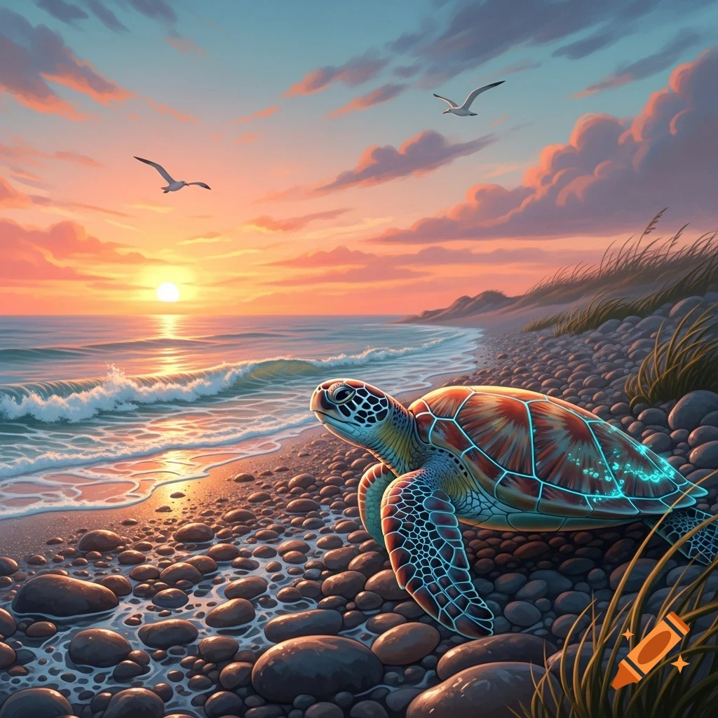 A vibrant, bioluminescent sea turtle on a rocky beach looks at waves under a sunset sky with flying birds. Digital painting.