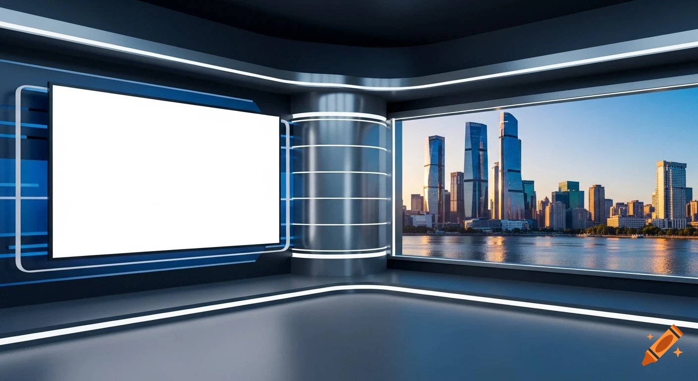 Modern virtual TV news studio with a blank screen, sleek blue and gray interior, and a city skyline and river view.