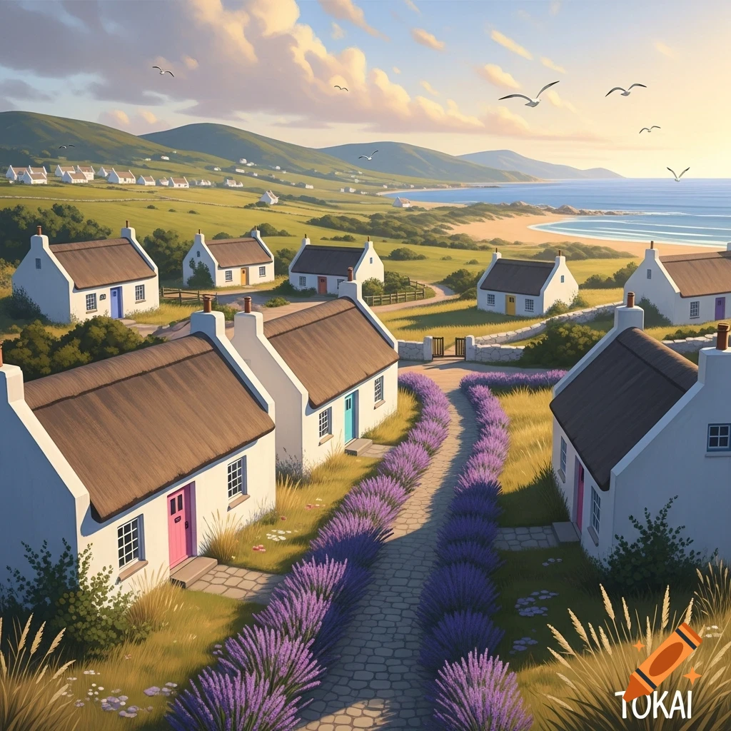 A scenic coastal village with white cottages, thatched roofs, and lavender fields leading to a sandy beach and ocean under a blue sky.