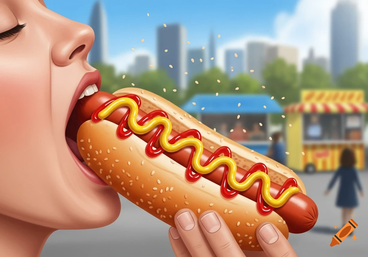 A stylized illustration of a person taking a bite out of a hot dog topped with ketchup and mustard, with a blurry city background.