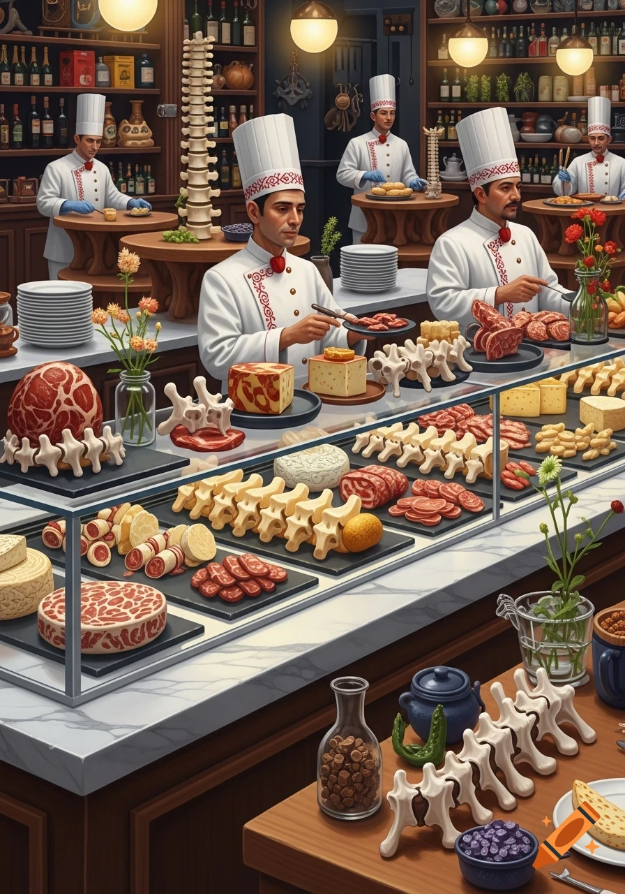 A macabre deli counter where chefs prepare and display various cuts of meat alongside numerous human vertebrae presented as food, with cheeses and other unsettling items.