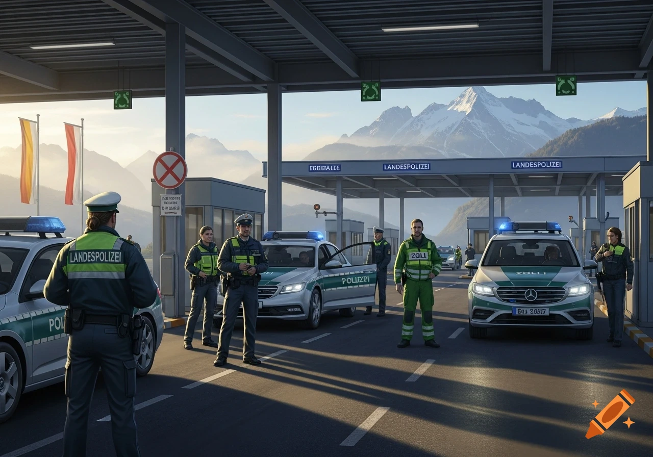 Photorealistic scene of police and customs officers at a border control station with patrol cars and mountains in the background.