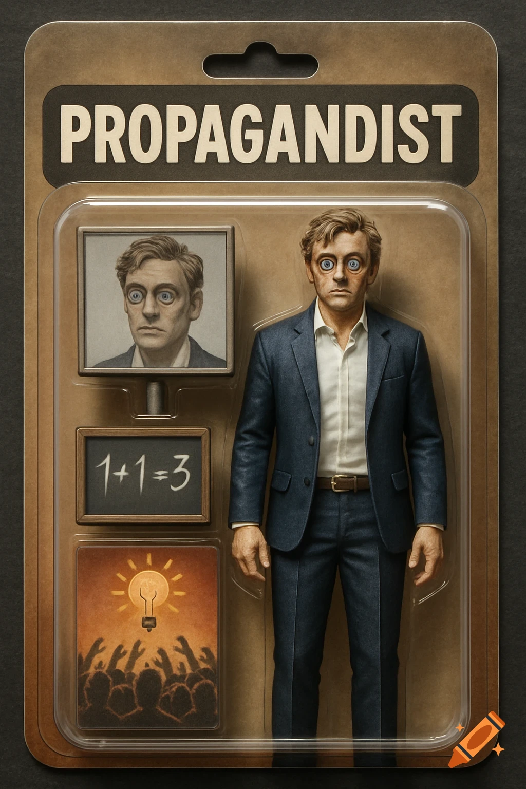 A photorealistic action figure of a man in a suit with exaggerated, staring eyes in blister packaging, labeled 'PROPAGANDIST'. Accessories include a blackboard saying '1+1=3' and a crowd reaching for a lightbulb.