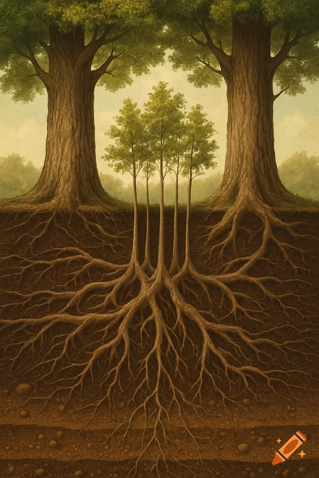 A detailed illustration of a cross-section of two large trees with their roots merging underground, supporting five smaller trees, in a realistic scientific style.