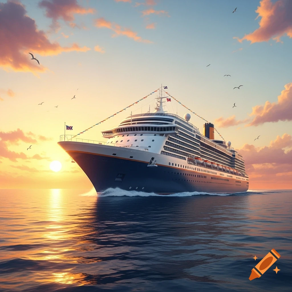 Oil painting of a large cruise ship sailing on a calm ocean towards a setting sun, with birds flying in the pastel sky.
