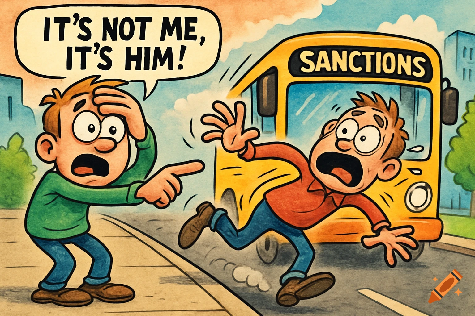 A humorous cartoon shows one man pointing and saying "It's not me, it's him!" while another man runs in fear from a yellow bus labeled "SANCTIONS".