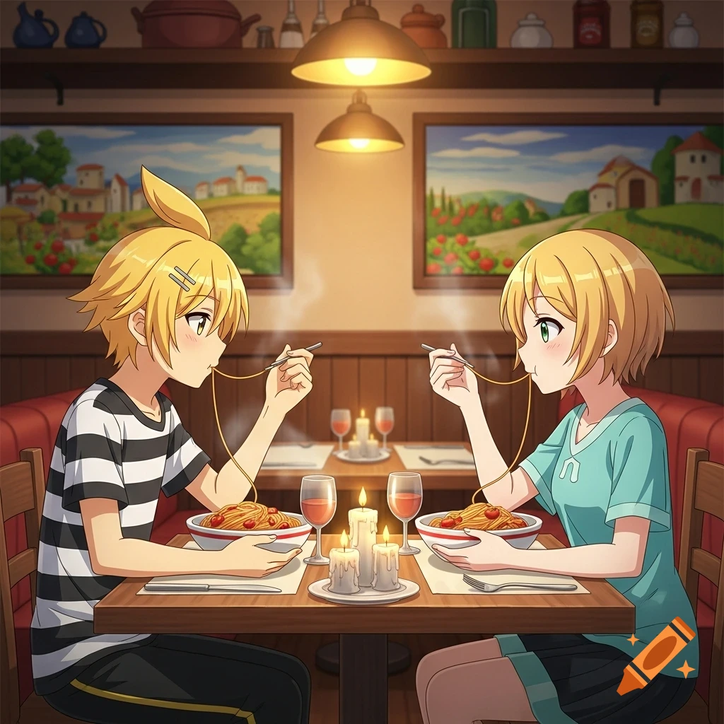 Anime characters Kagamine Len and Rin share a spaghetti noodle at a cozy restaurant.