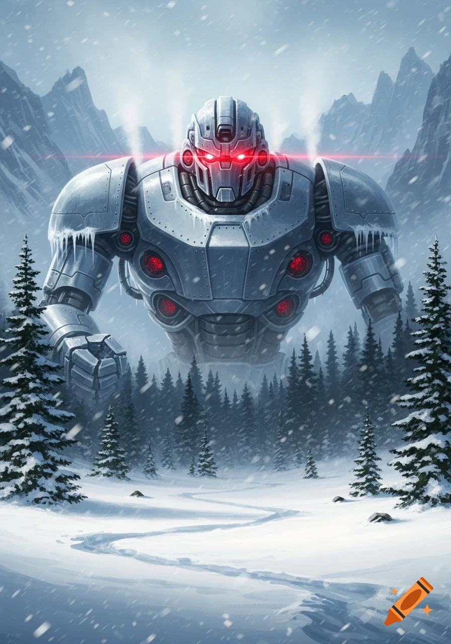Giant metal robot with glowing red eyes in a snowy forest with ...