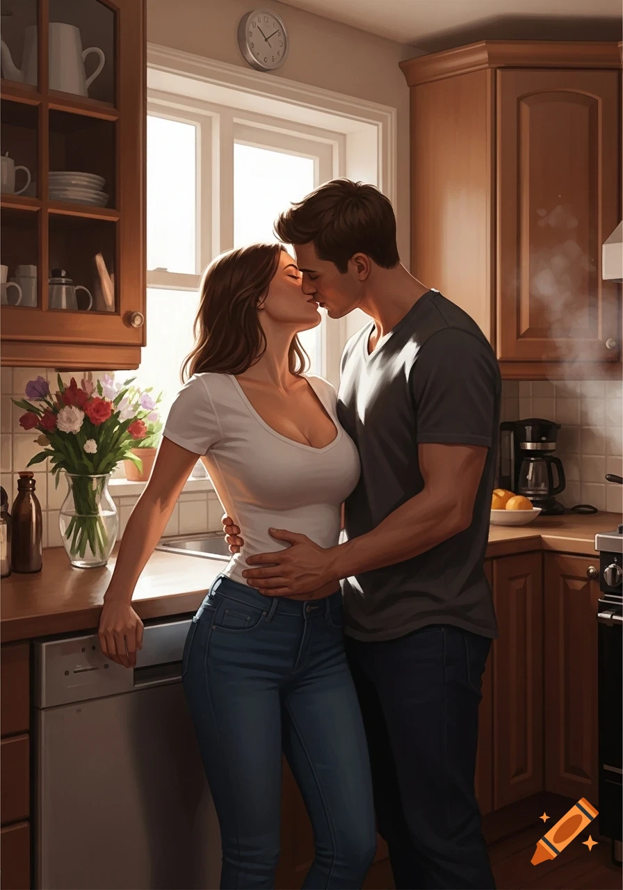 Photorealistic illustration of a couple kissing in a sunlit kitchen, the man embracing the woman from behind.