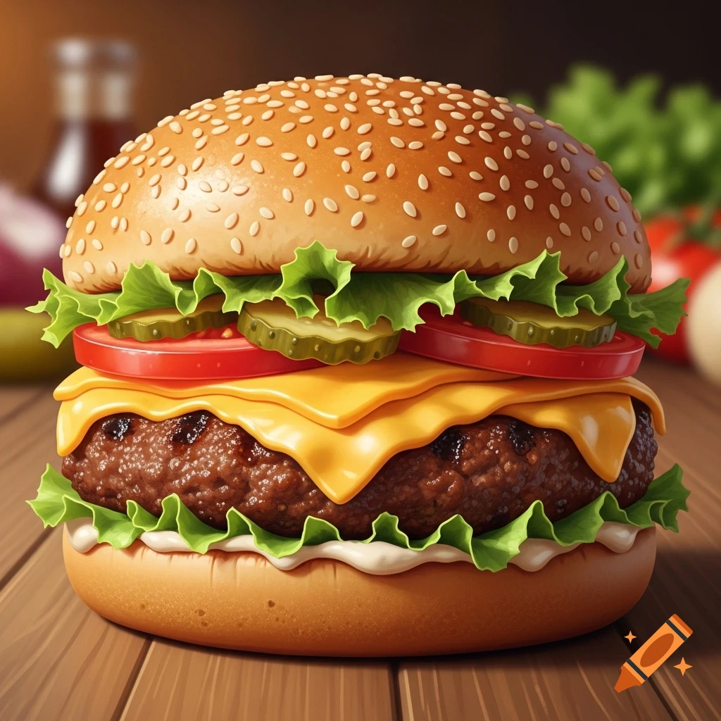 A photorealistic cheeseburger with sesame seed bun, lettuce, pickles, tomatoes, melted cheese, and a beef patty on a wooden table.