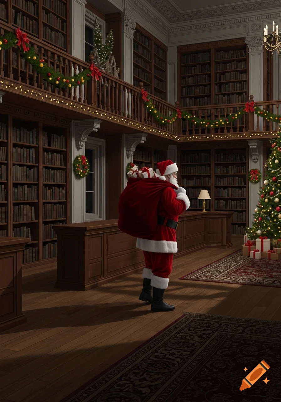 Santa Claus with a sack of gifts sneaks through a grand, Christmas-decorated library at night, in a photorealistic style.
