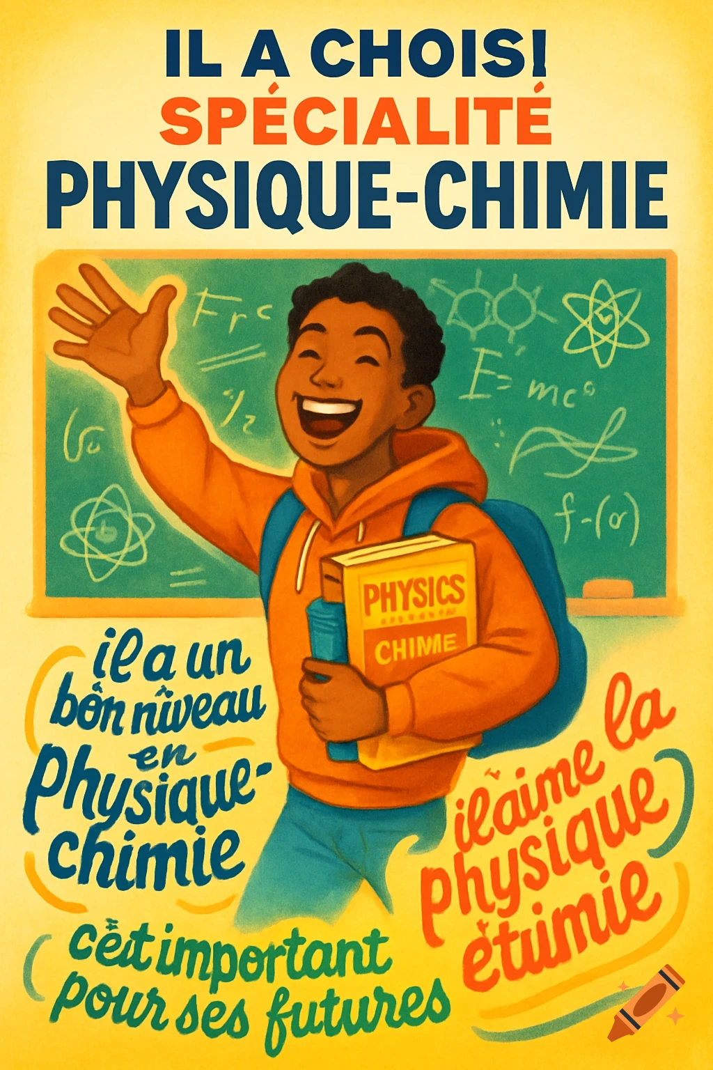A colorful poster showing a happy student with a backpack holding a 'PHYSICS CHIMIE' book, in front of a chalkboard with equations. French text about choosing physics-chemistry as a specialty is around the student.