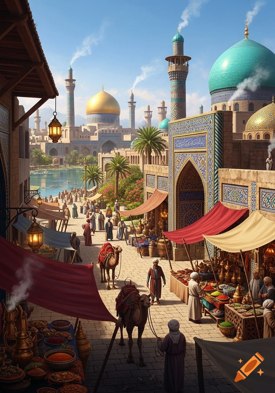 A bustling ancient Middle Eastern city market with people, camels, vibrant stalls, and ornate mosques with golden and turquoise domes and minarets under a clear sky.
