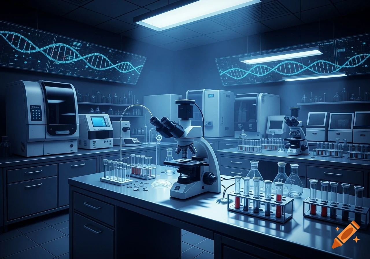 A futuristic science laboratory with microscopes, test tubes, and ...
