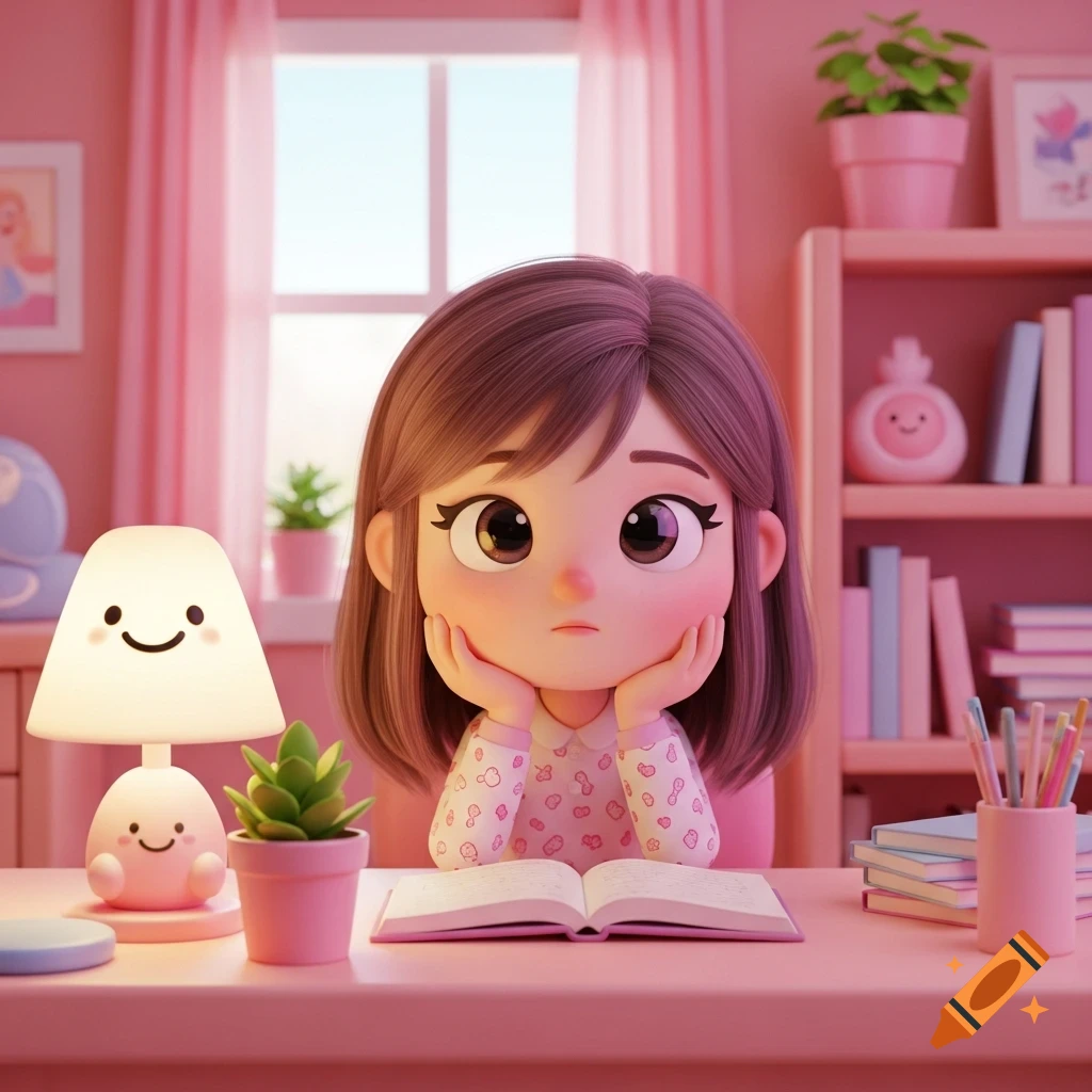 A cute 3D kawaii girl with big eyes sits at a pastel pink study desk, looking thoughtful with her chin in her hands, in a cozy room.