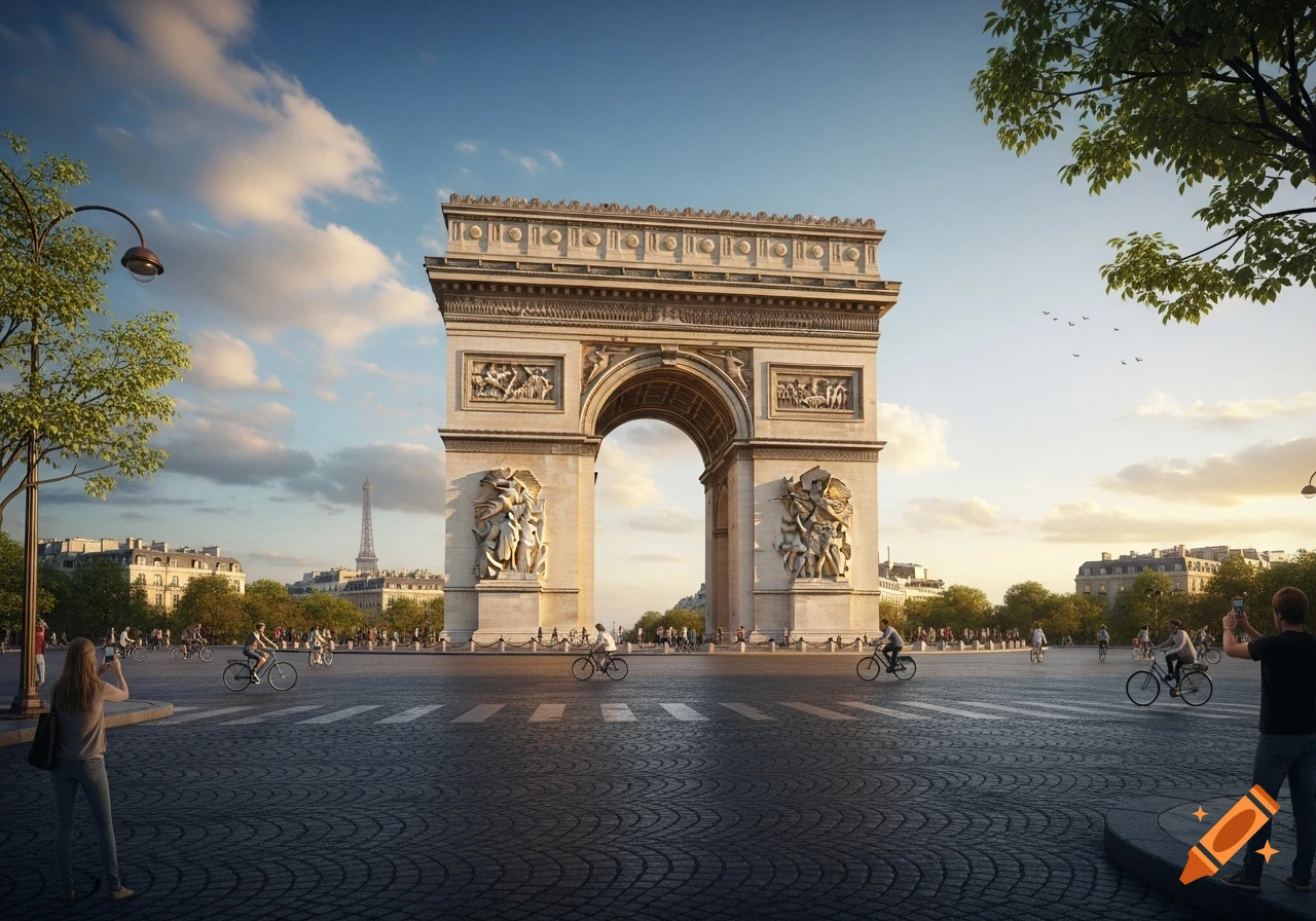 Photorealistic image of the Arc de Triomphe in Paris with cyclists and people taking photos, Eiffel Tower in the background.